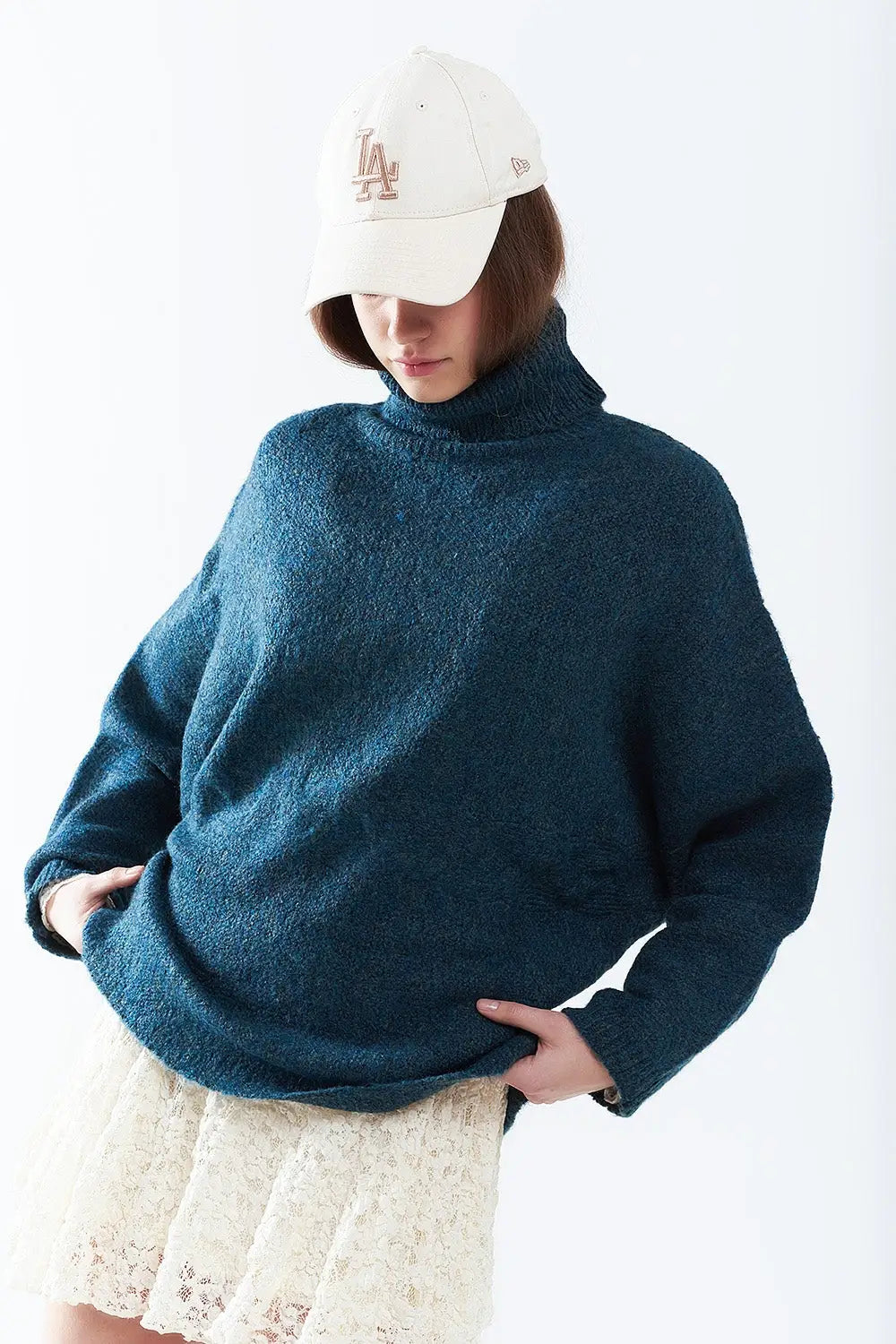 Oversized sweater in teal with a high neck and loose sleeves - NAVY / ONE - Sweaters