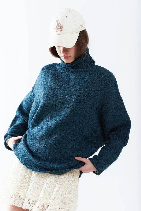 Oversized sweater in teal with a high neck and loose sleeves - NAVY / ONE - Sweaters