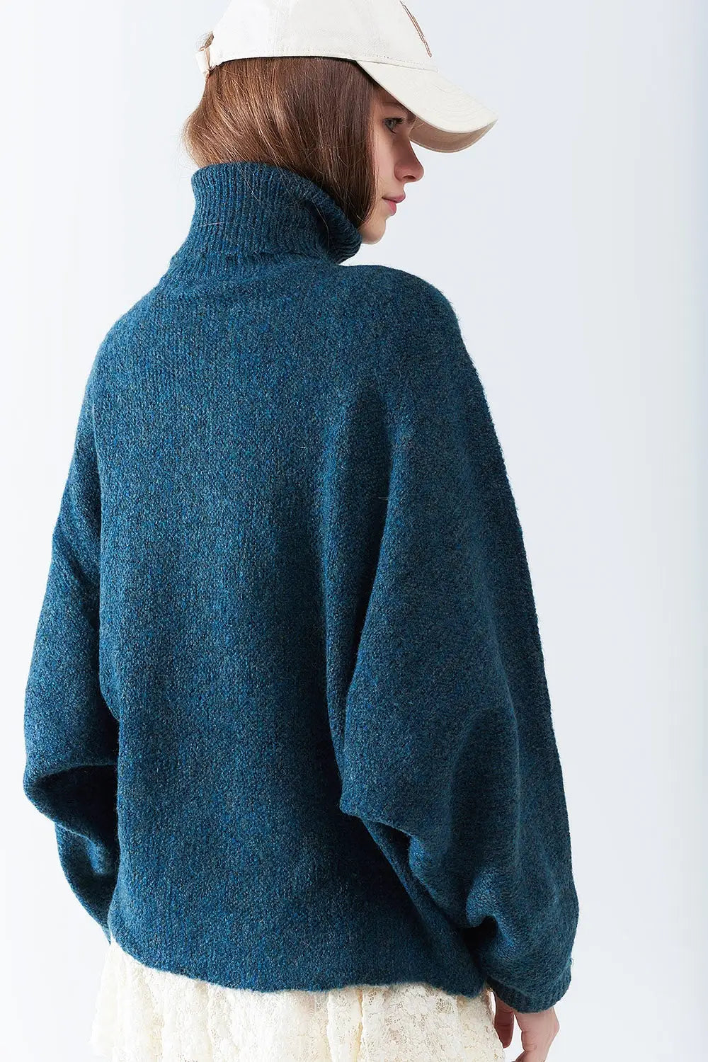 Oversized sweater in teal with a high neck and loose sleeves - NAVY / ONE - Sweaters