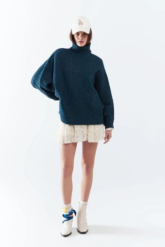 Oversized sweater in teal with a high neck and loose sleeves - NAVY / ONE - Sweaters