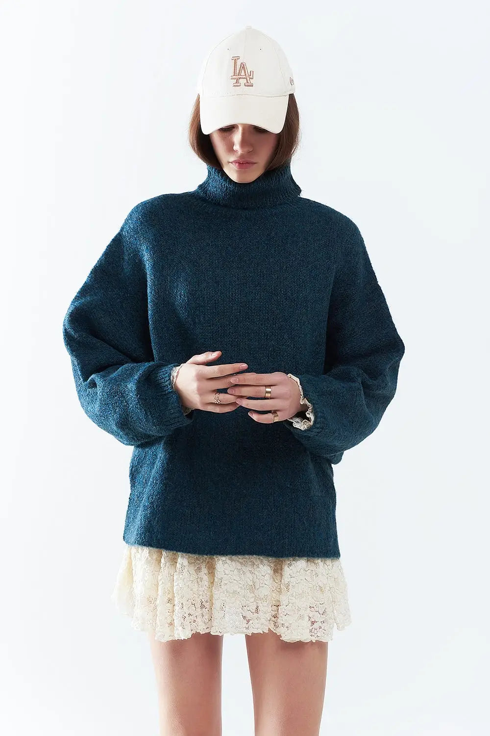 Oversized sweater in teal with a high neck and loose sleeves - NAVY / ONE - Sweaters