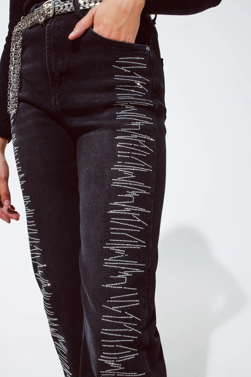 Straight jeans in black with silver strass details - Colored Jeans