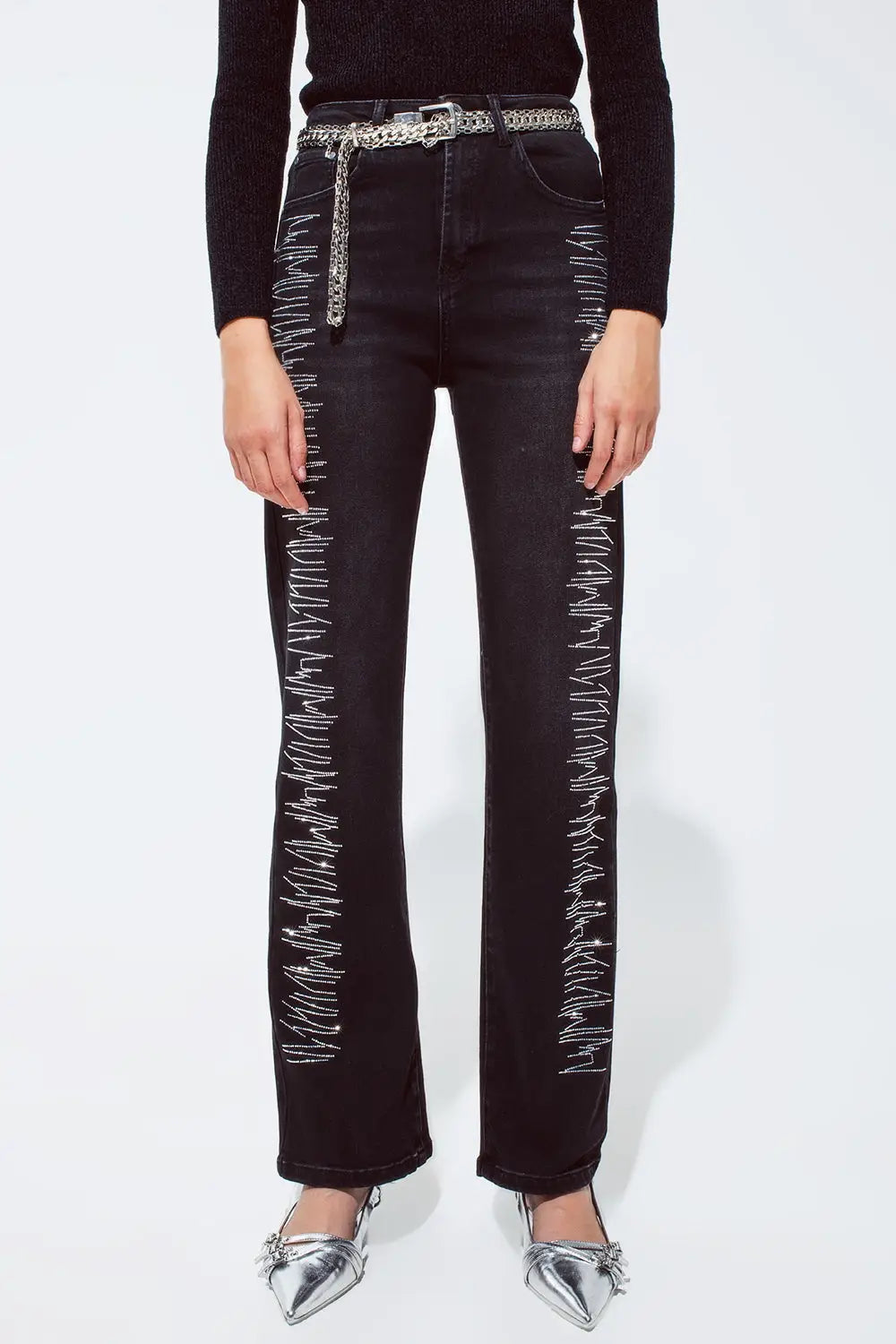 Straight jeans in black with silver strass details - Colored Jeans