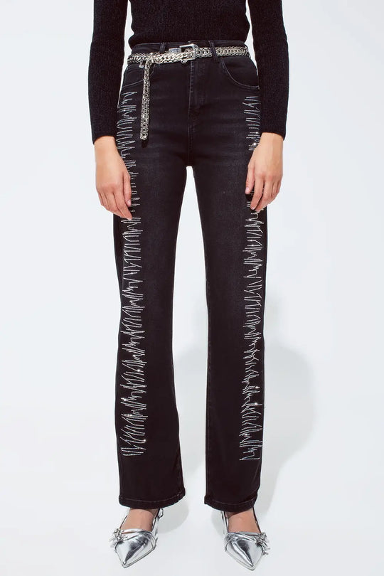 Straight jeans in black with silver strass details - Colored Jeans