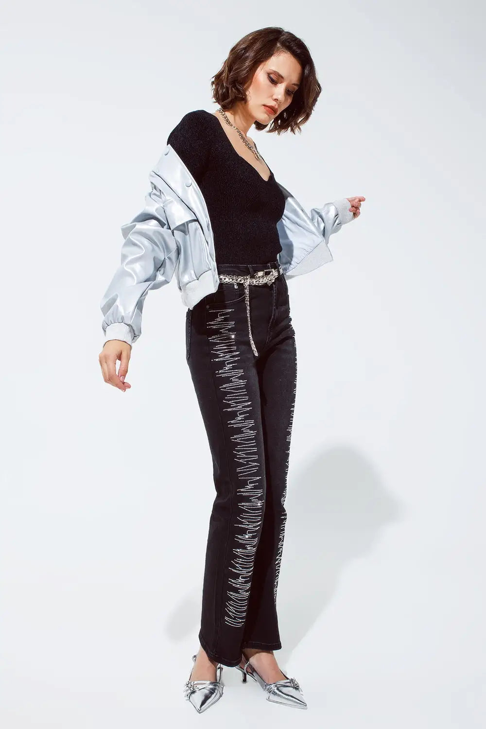 Straight jeans in black with silver strass details - Colored Jeans