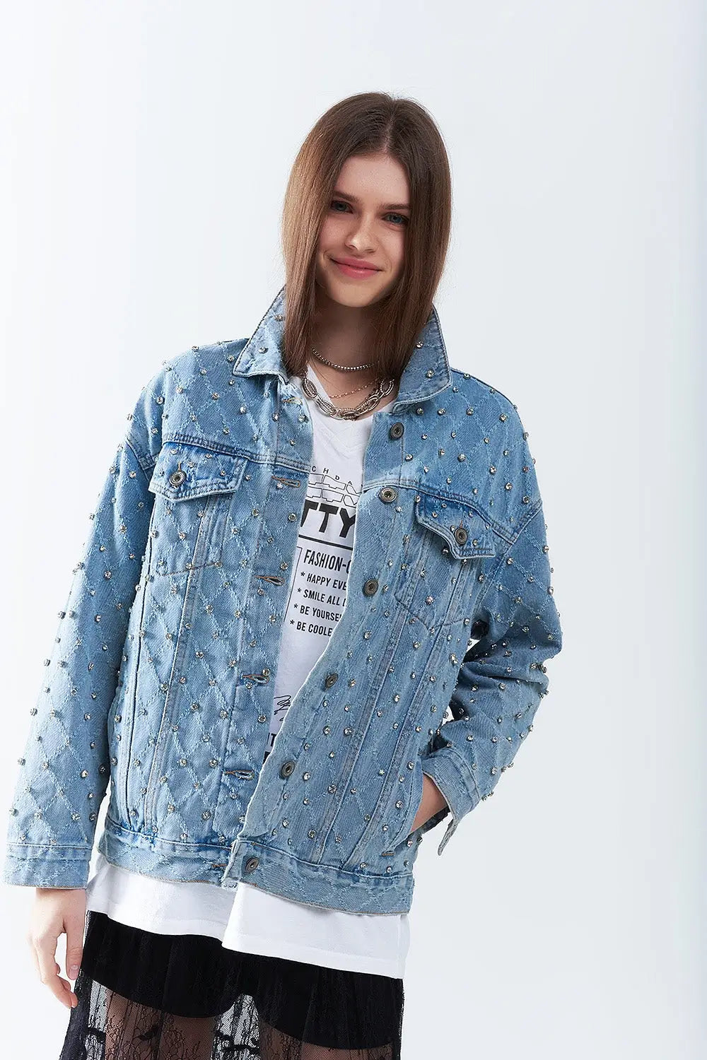 Wide denim jacket with rhinestones in a diamond pattern - Jackets