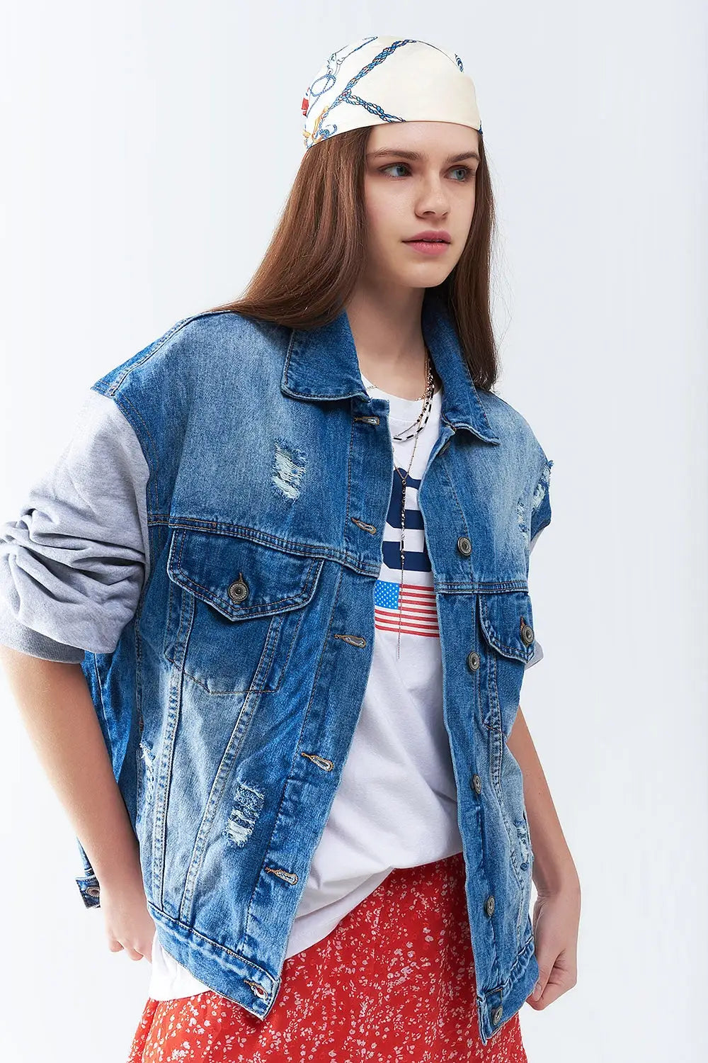 Denim Jacket with Jogging Fabric Sleeves - Jackets