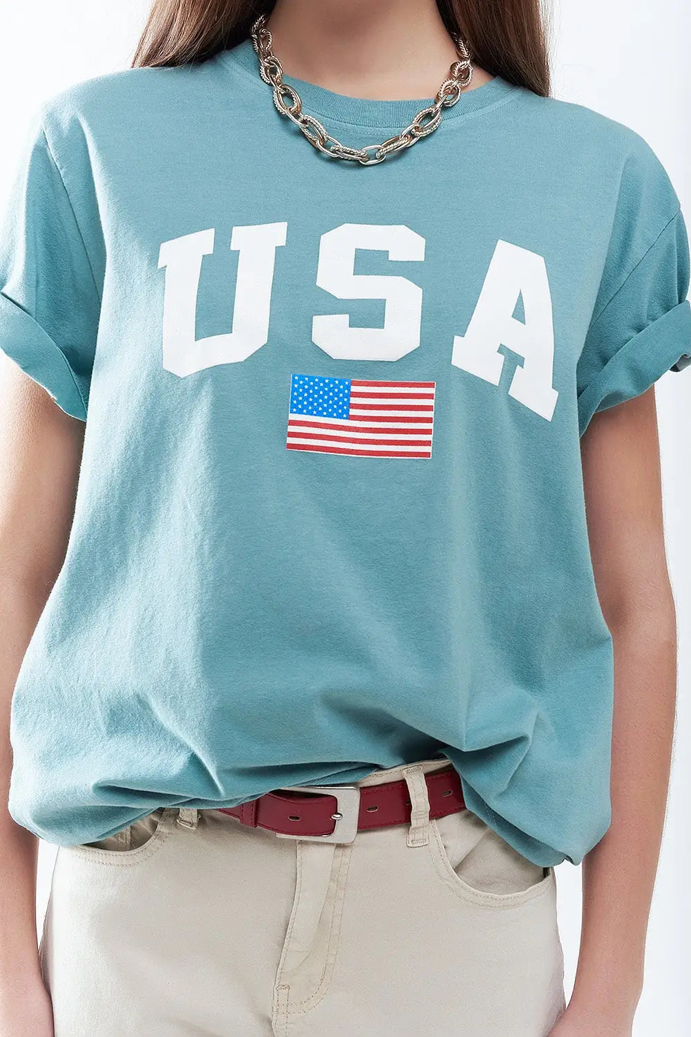 Green loose long t-shirt with USA logo - GREEN / ONE - T-Shirts