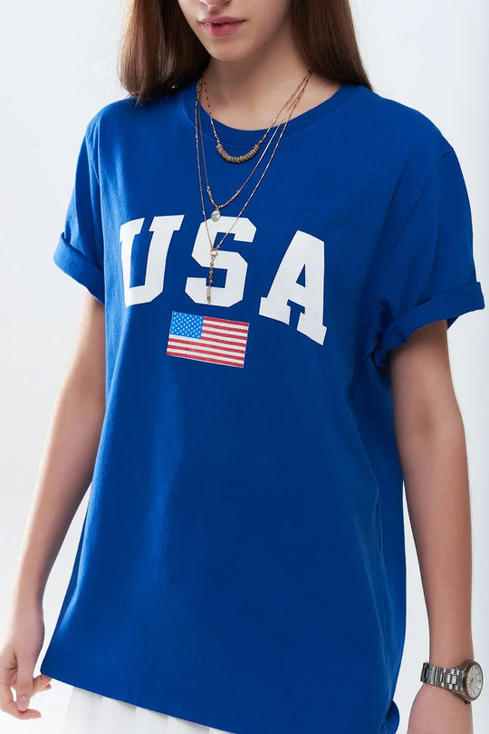 Blue loose long t-shirt with USA logo - BLUE / ONE - T-Shirts