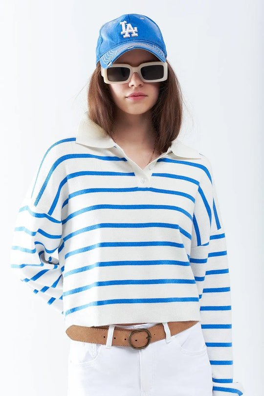 blue striped soft knit polo - Sweaters