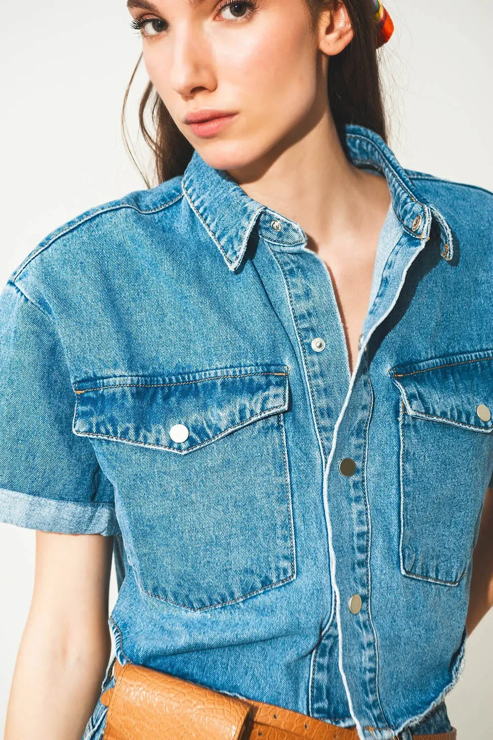 mid-blue wash denim cropped jacket - Jackets