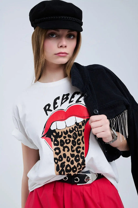 Relaxed White T-shirt With Rebel and Lips Graphic Print - WHITE / ONE - T-Shirts