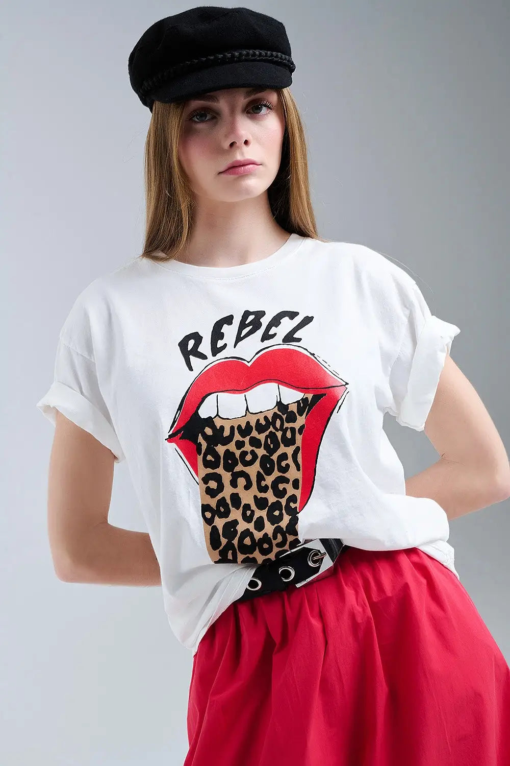 Relaxed White T-shirt With Rebel and Lips Graphic Print - WHITE / ONE - T-Shirts