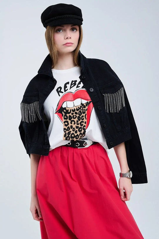 Relaxed White T-shirt With Rebel and Lips Graphic Print - WHITE / ONE - T-Shirts