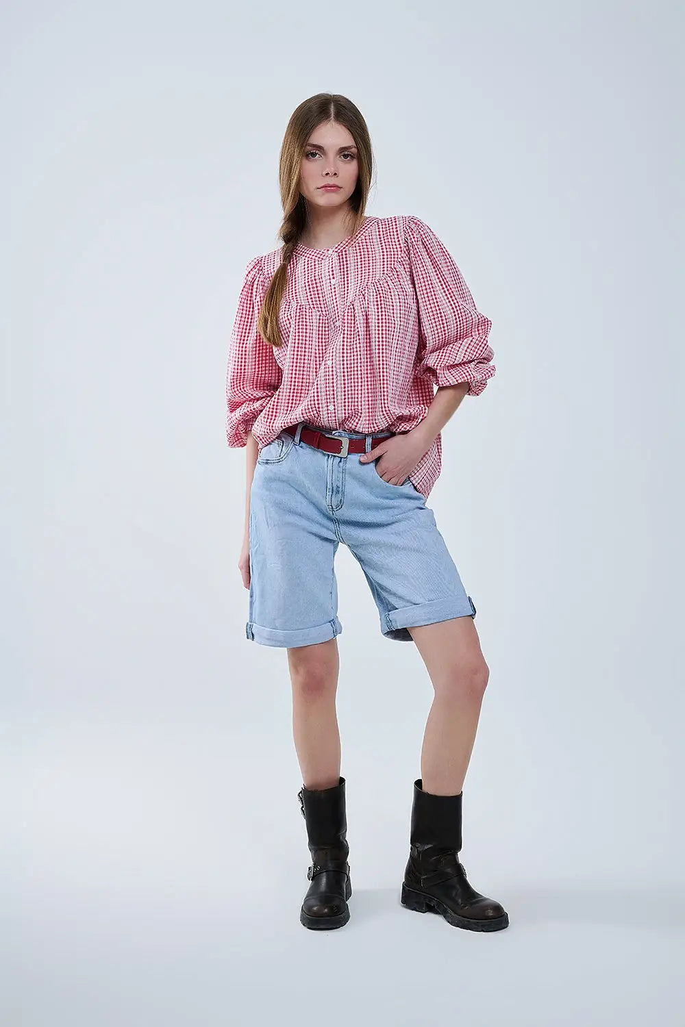 Gingham Red and White Collarless Blouse With Wide Sleeves - Shirts