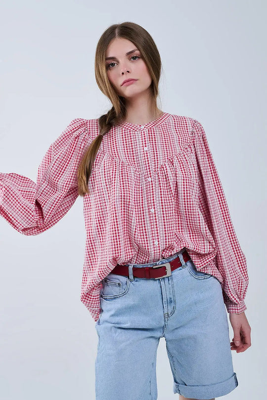Gingham Red and White Collarless Blouse With Wide Sleeves - Shirts