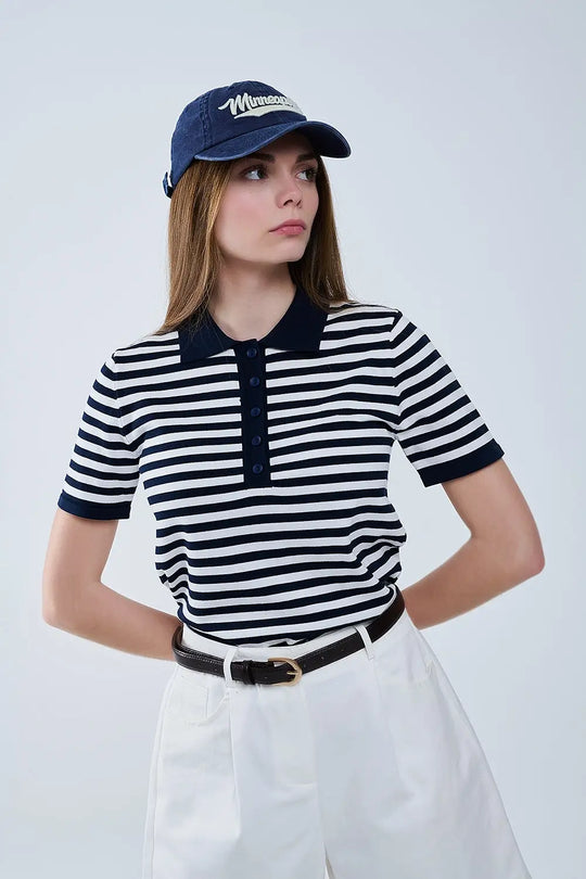 navy and White Striped Knitted Polo T-shirt - Sweaters