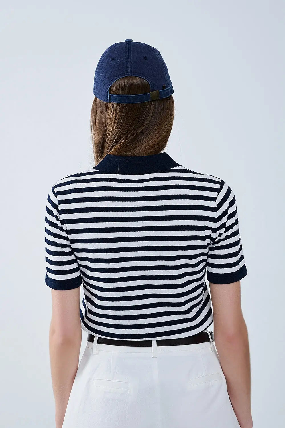 navy and White Striped Knitted Polo T-shirt - Sweaters