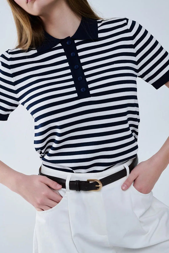 navy and White Striped Knitted Polo T-shirt - Sweaters