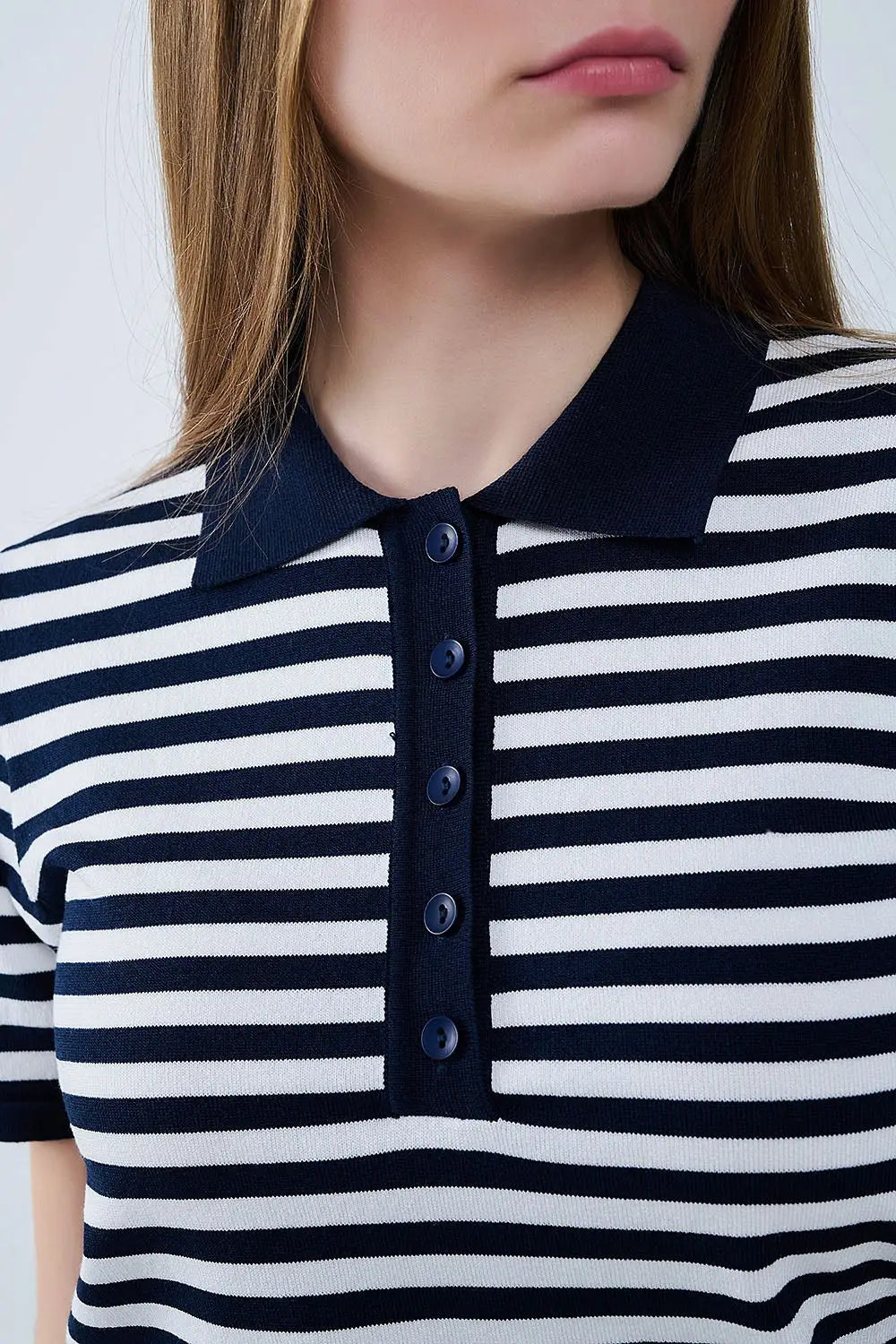 navy and White Striped Knitted Polo T-shirt - Sweaters