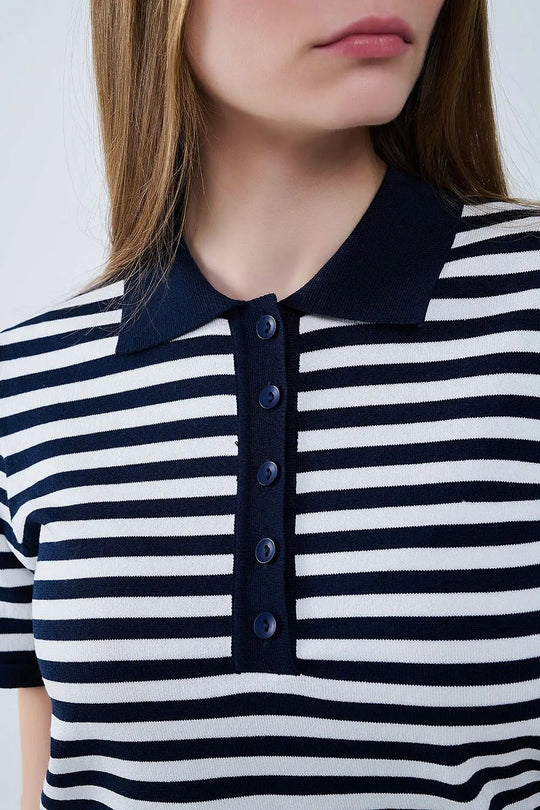 navy and White Striped Knitted Polo T-shirt - Sweaters