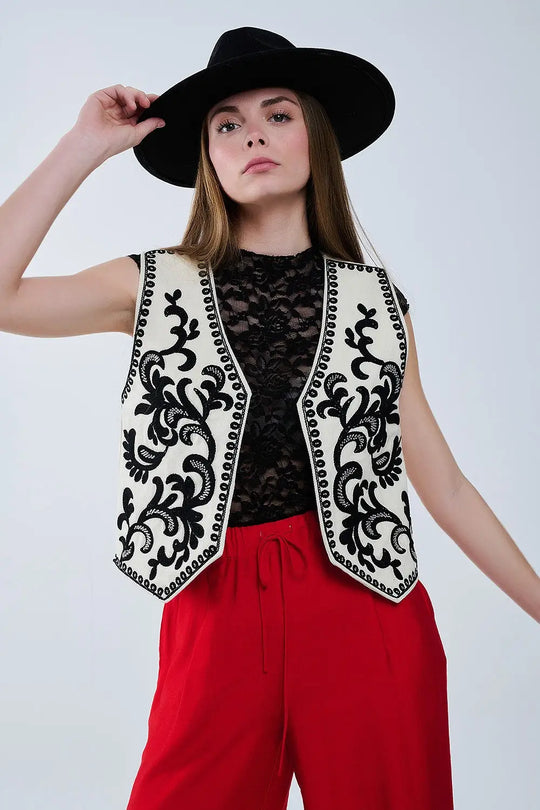 White Vest with Black Baroque embroidered - Jackets Tops