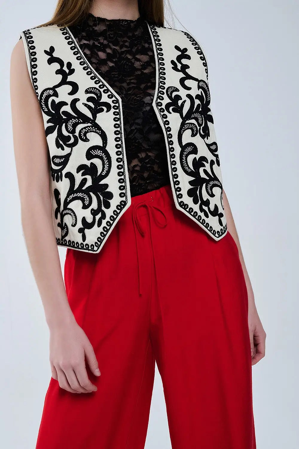 White Vest with Black Baroque embroidered - Jackets Tops