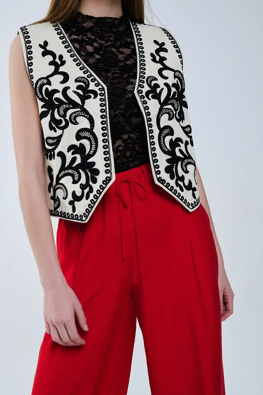 White Vest with Black Baroque embroidered - Jackets Tops