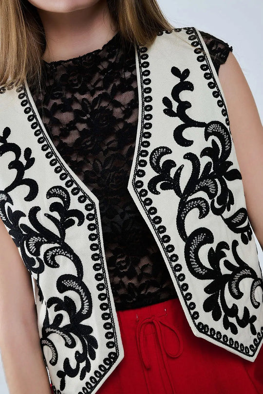White Vest with Black Baroque embroidered - Jackets Tops