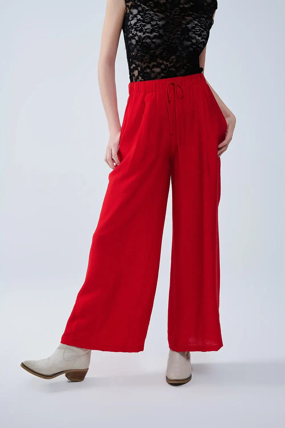 Red pants with wide leg in light viscose fabric - Pants