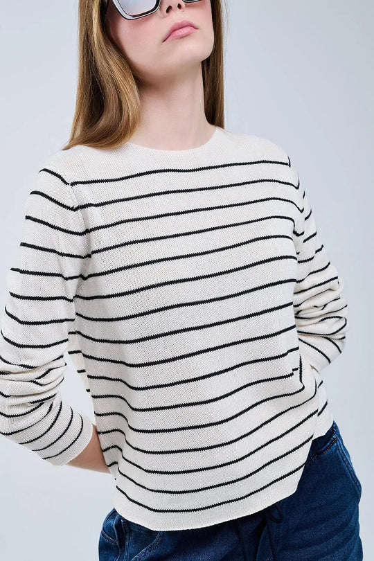 striped beige sweater made of fine knitting - Sweaters