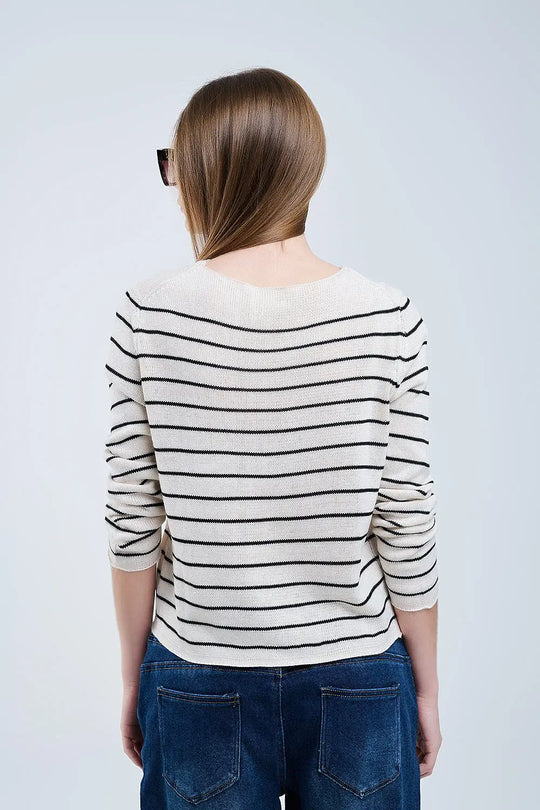 striped beige sweater made of fine knitting - Sweaters