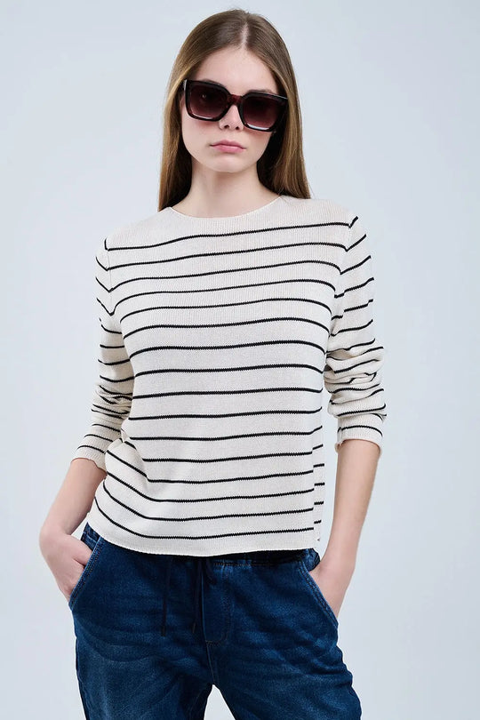 striped beige sweater made of fine knitting - Sweaters