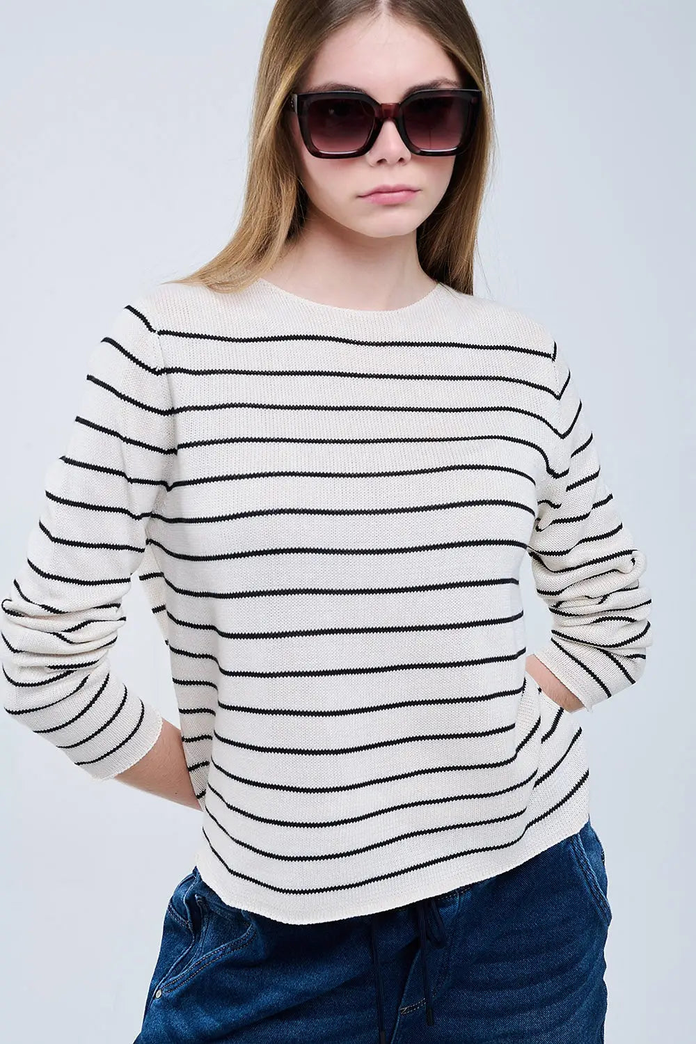 striped beige sweater made of fine knitting - Sweaters