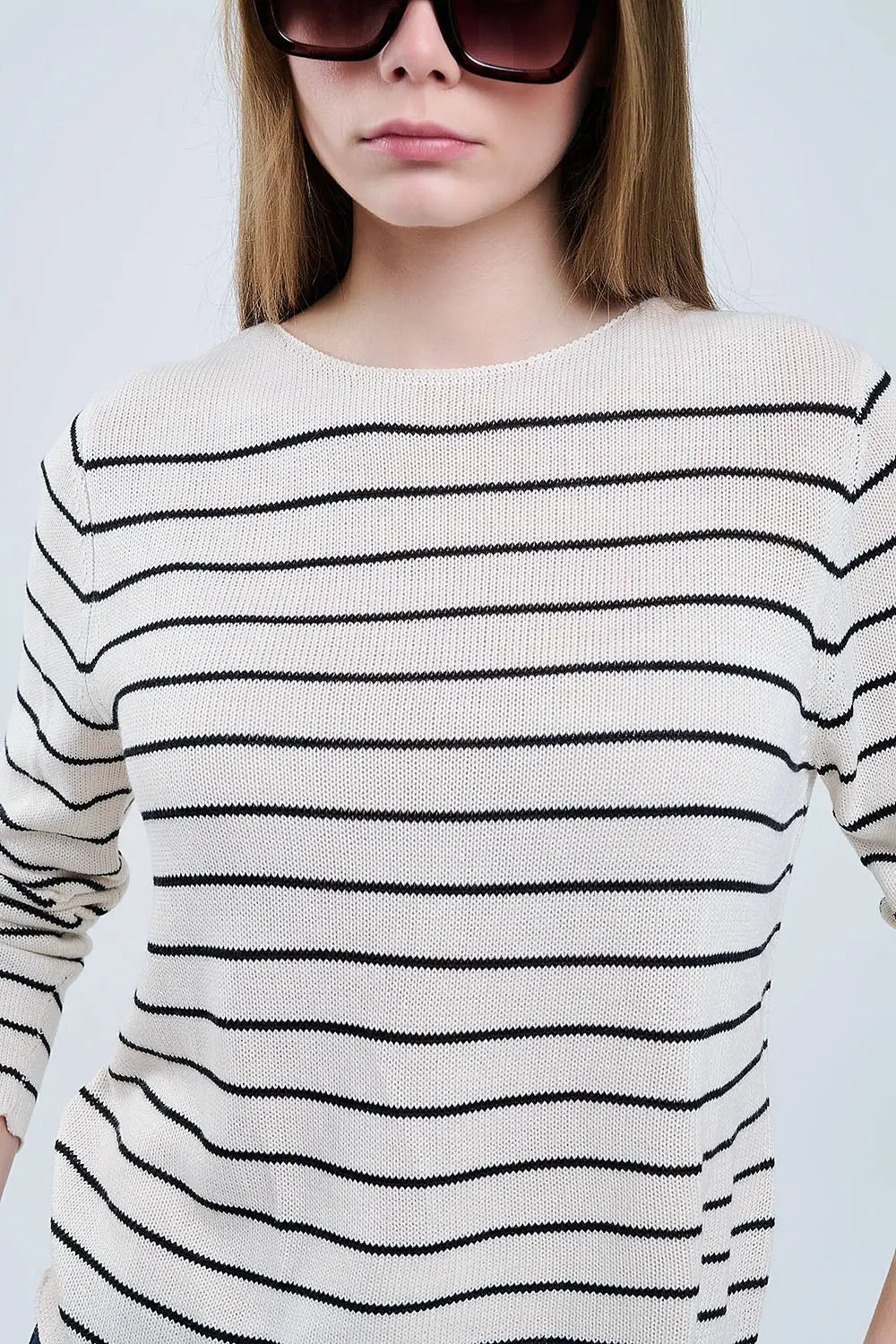 striped beige sweater made of fine knitting - Sweaters