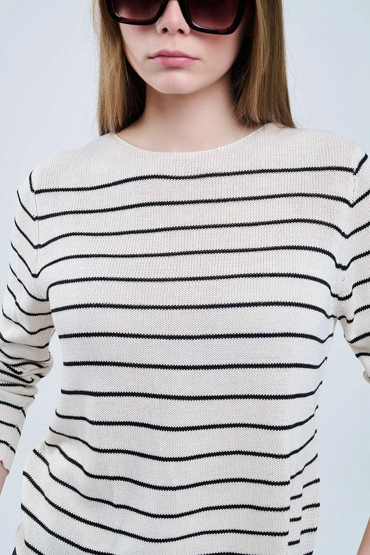 striped beige sweater made of fine knitting - Sweaters