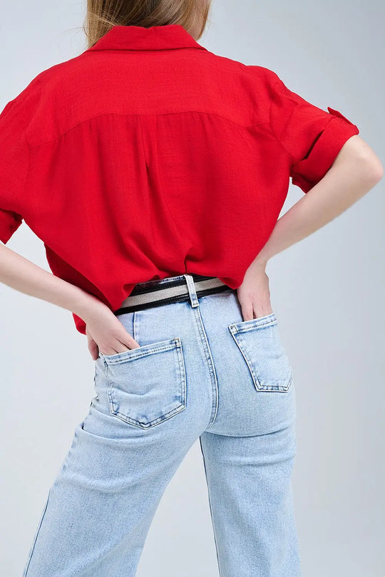 Red shirt with short sleeves and pleat on the sleeve - Shirts