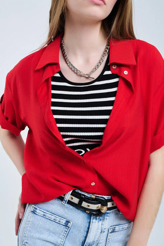 Red shirt with short sleeves and pleat on the sleeve - Shirts