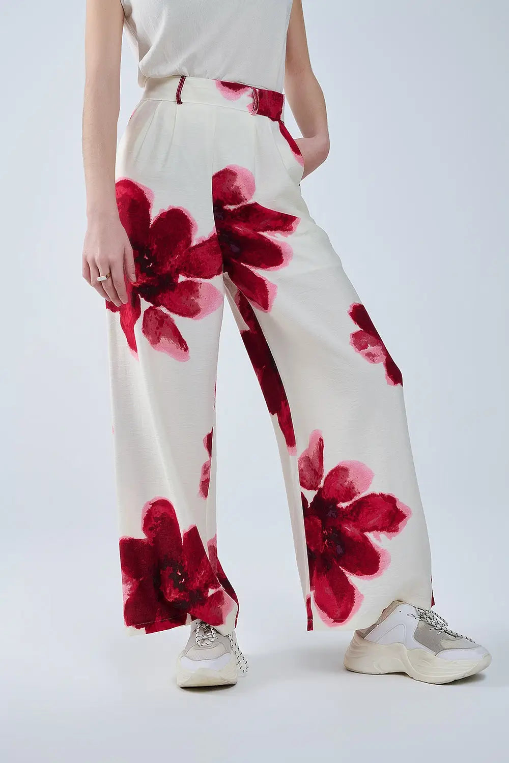 Beige Palazzo Pants With Red Tropial Flower Print and Matching Belt - Pants