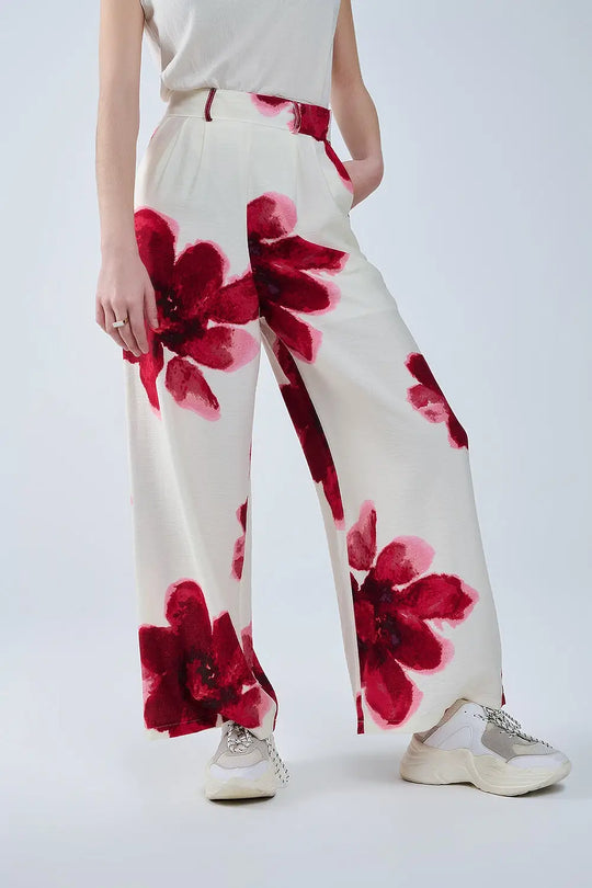 Beige Palazzo Pants With Red Tropial Flower Print and Matching Belt - Pants