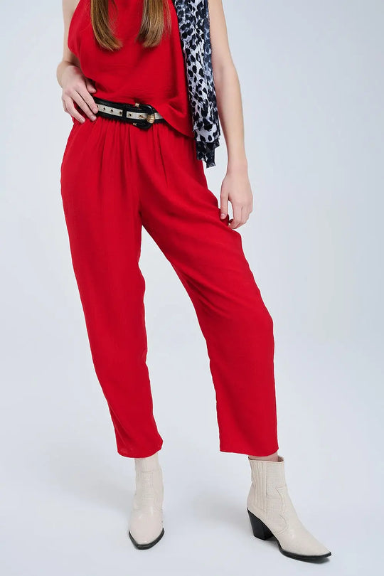 Summery Pants With Elastic Waist and Pockets In Red - Pants