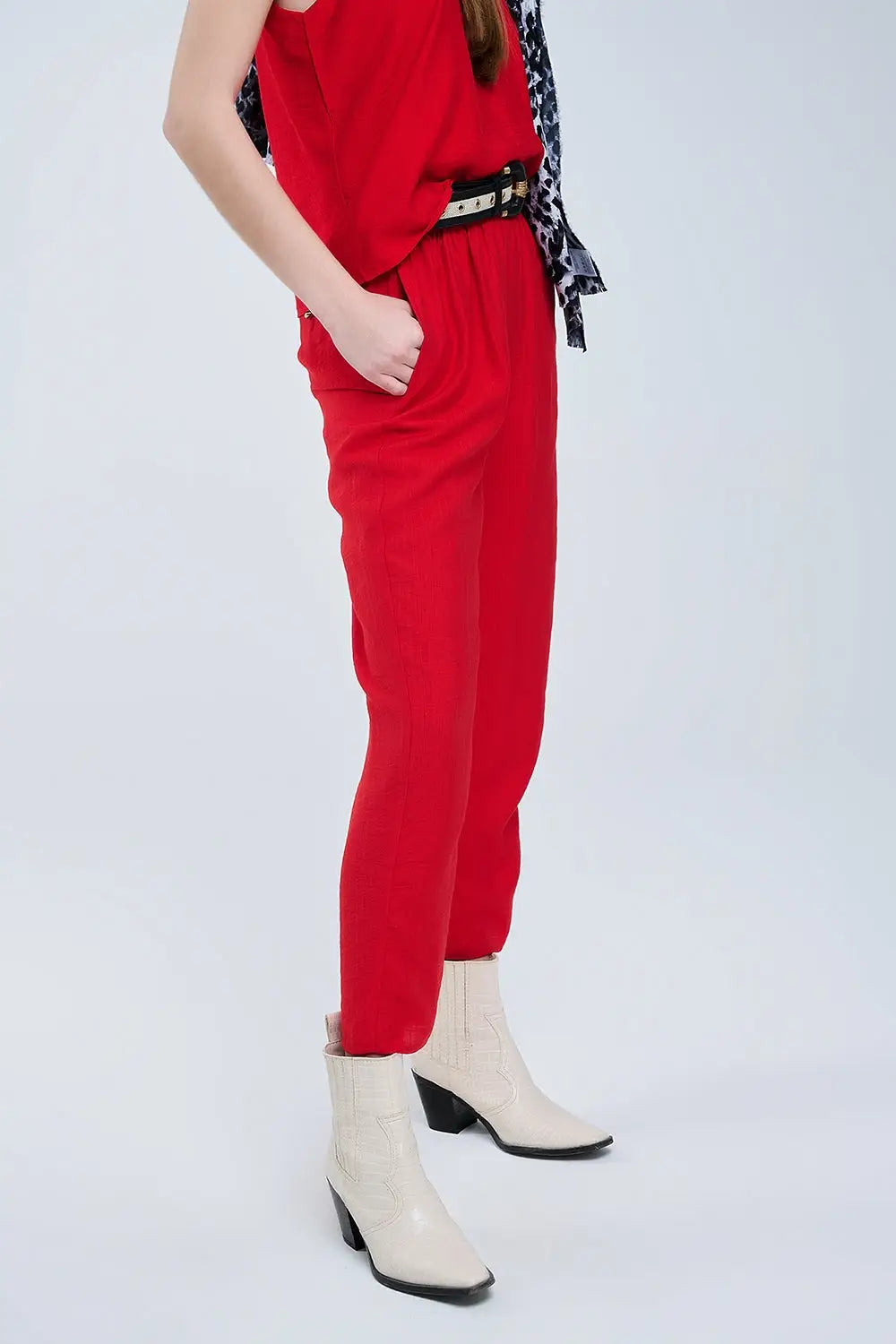 Summery Pants With Elastic Waist and Pockets In Red - Pants