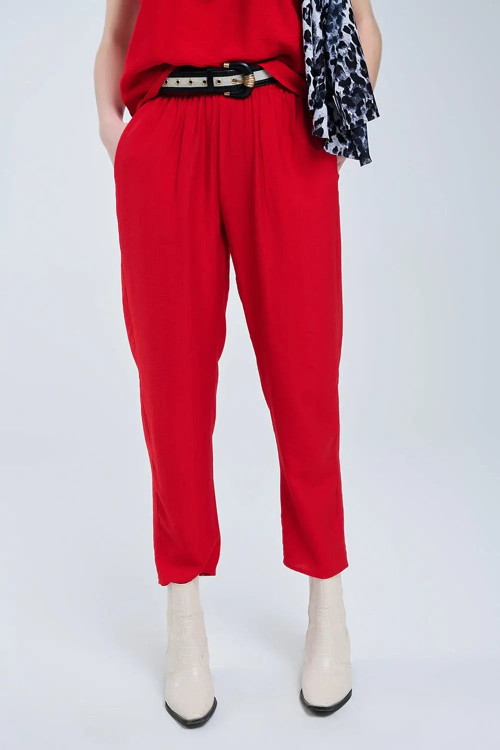 Summery Pants With Elastic Waist and Pockets In Red - Pants