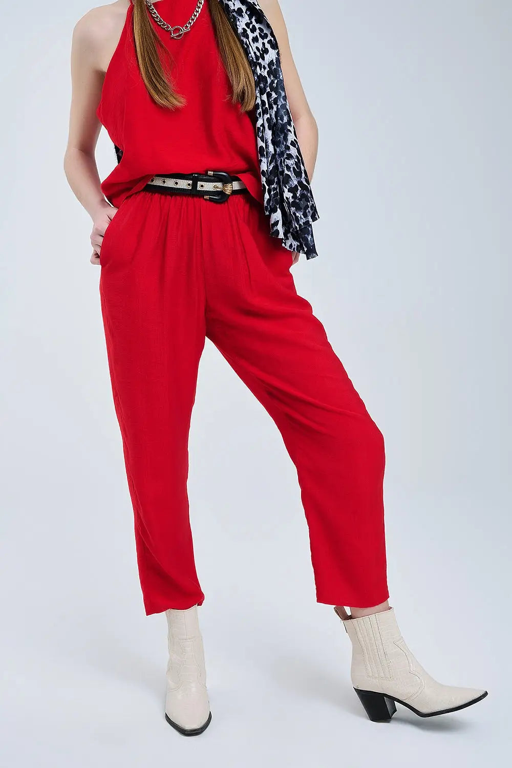 Summery Pants With Elastic Waist and Pockets In Red - Pants