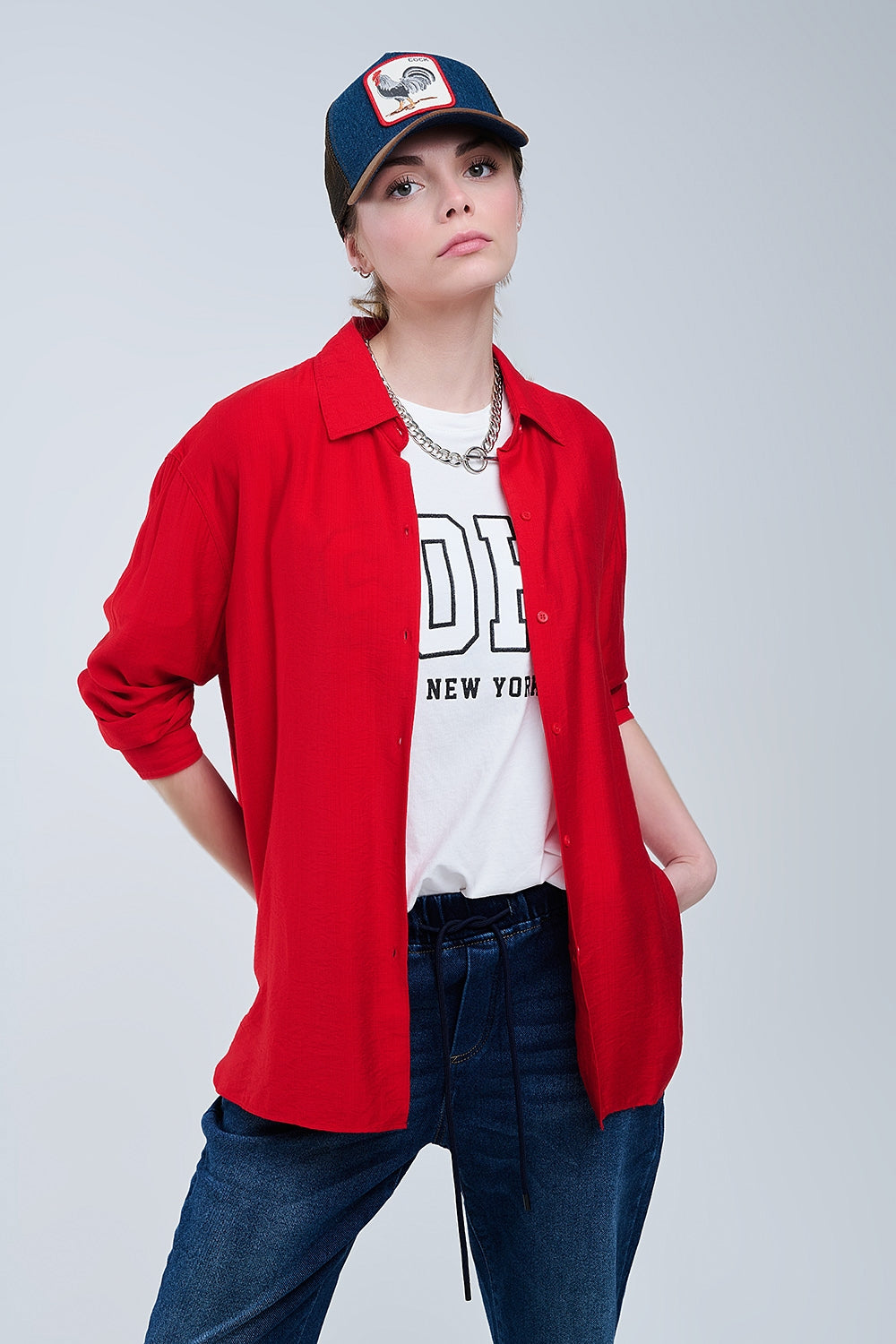 relaxed fit Red Shirt 3/4 Sleeves and High Low Hem