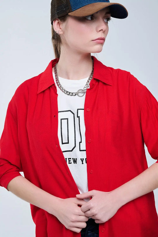 relaxed fit Red Shirt 3/4 Sleeves and High Low Hem - Shirts