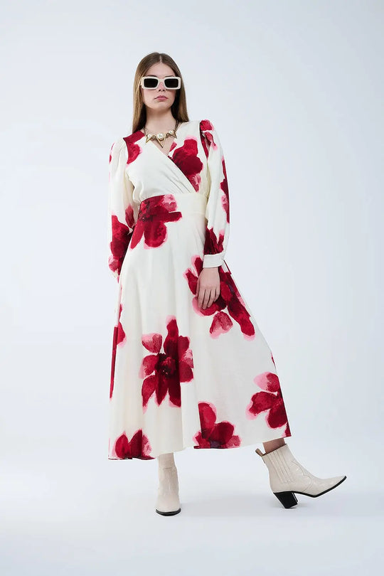 Beige wrap midi dress with red tropical floral print and long sleeves - Dresses