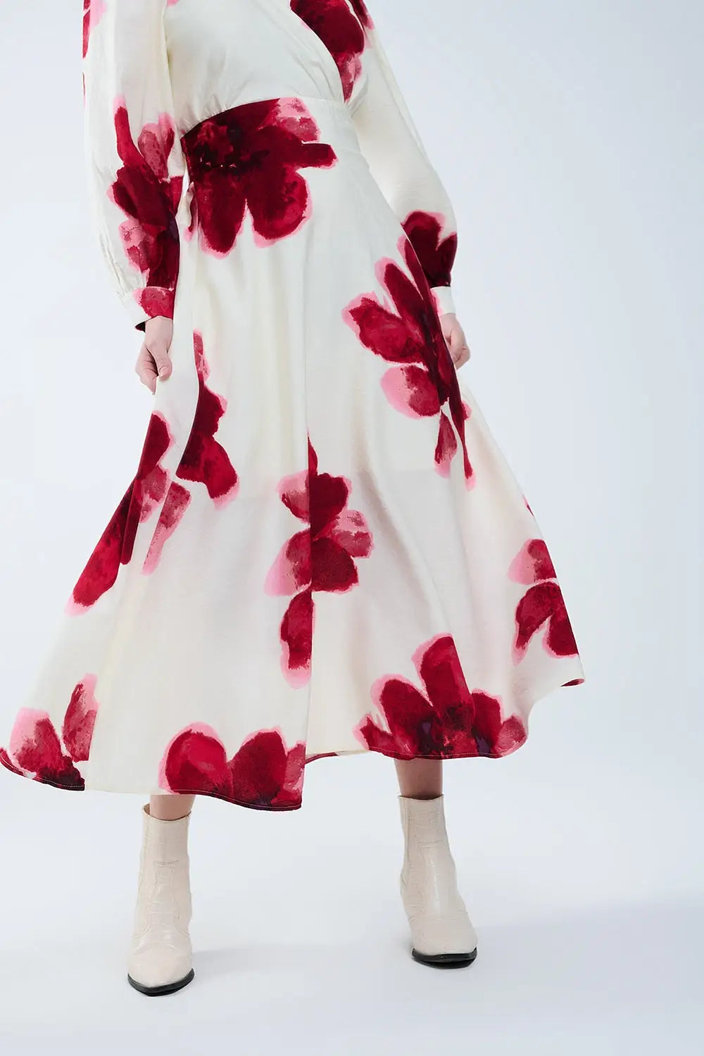 Beige wrap midi dress with red tropical floral print and long sleeves - Dresses