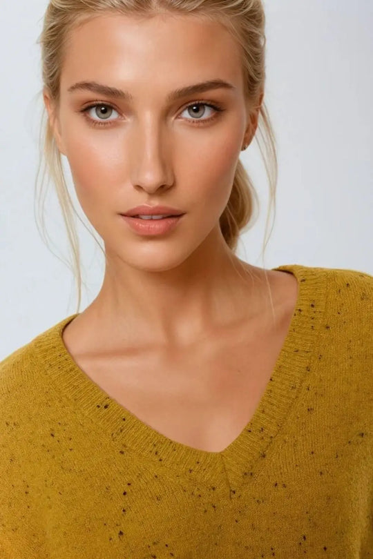 V-neck relaxed fit Speckled Sweater in Mustard Yellow - YELLOW / ONE - Sweaters