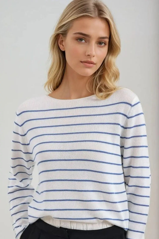 Cream sweater with blue stripes made of fine knit - Sweaters